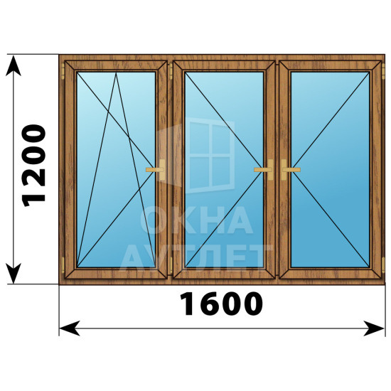 Трехстворчатое деревянное окно из лиственницы ПО-П-П 1600×1200 ОА-37163