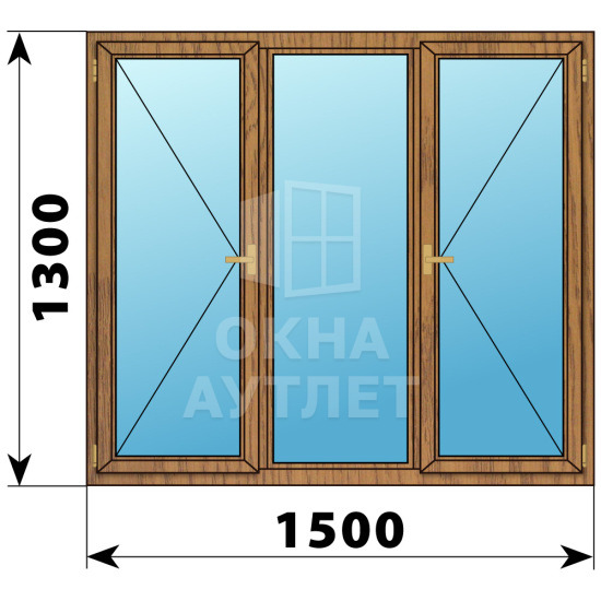 Трехстворчатое деревянное окно из лиственницы П-Г-П 1500×1300 ОА-36788